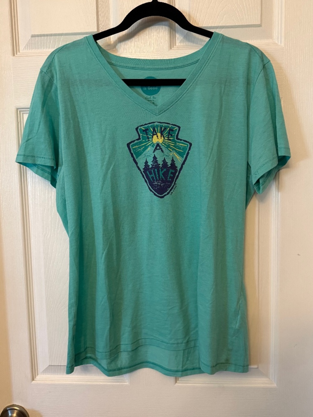 Life Is Good Classic Fit "Cool Tee" V-Neck teal graphic t-shirt Size L
